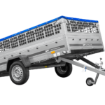 Anhänger 264×150 UNITRAILER GARDEN 265 KIPP mit Gitteraufsatz, Flachplanenträgern und blauer Plane