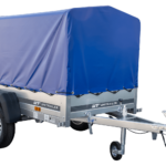 Anhänger Garden Trailer 200 KIPP 200×106 cm 750 kg [mit Hochspriegel, blauer Hochplane und Stützrad]