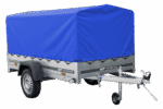 Auto Anhänger 230×125 Garden Trailer 230 KIPP Unitrailer 750 kg mit Stützrad, blauer Hochplane und Hochspriegel