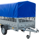 PKW-Anhänger auf Federn 230×125 UNITRAILER GARDEN 230/R KIPP mit Gitterwänden, H-800-Rahmen und blauer Plane