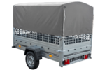 PKW-Anhänger auf Federn 230×125 UNITRAILER GARDEN 230/R KIPP mit Netzwänden, H-800-Rahmen und grauer Plane