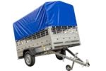 Planenanhänger 230×125 Garden Trailer 230 KIPP mit Laubgitteraufsatz, blauer Hochplane, Hochspriegel und Stützrad